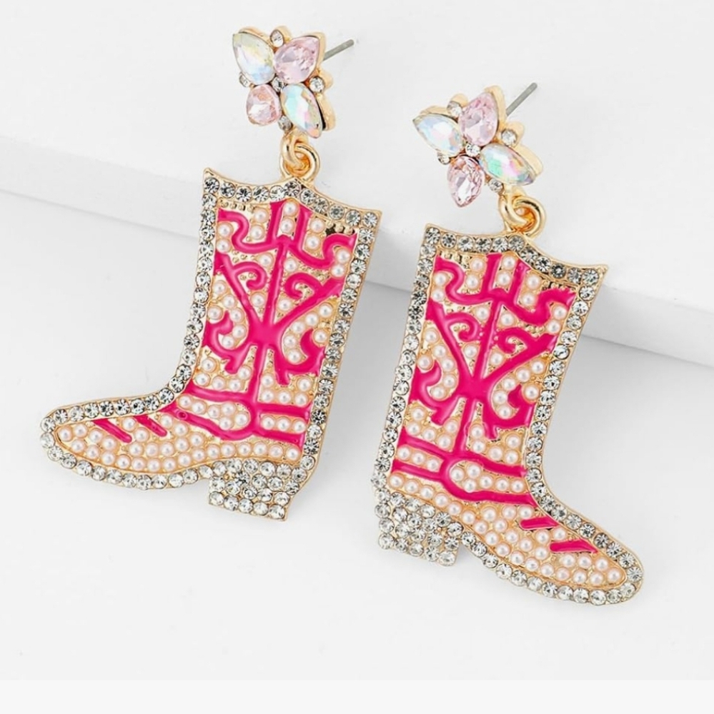 Pink Rhinestone Pearl Cowgirl Boot Western Dangle Earrings NWT